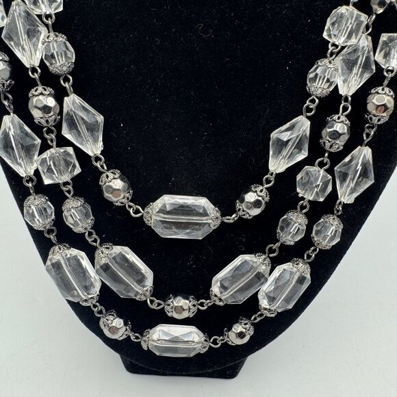 Vintage Multi-Strand Clear Acrylic Bead Necklace With Black Chain Adjustable - Picture 2 of 5